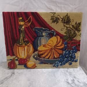 Vintage‎ Cross-stitch Handmade Squash Grapes Wine Craft on a Table